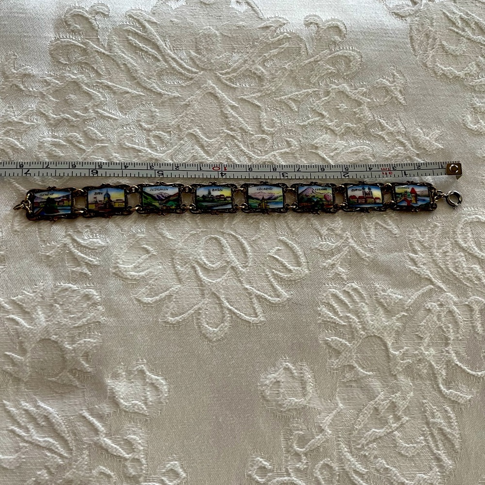 Vintage enamel Swiss charm bracelet. Souvenir bracelet of Switzerland towns.